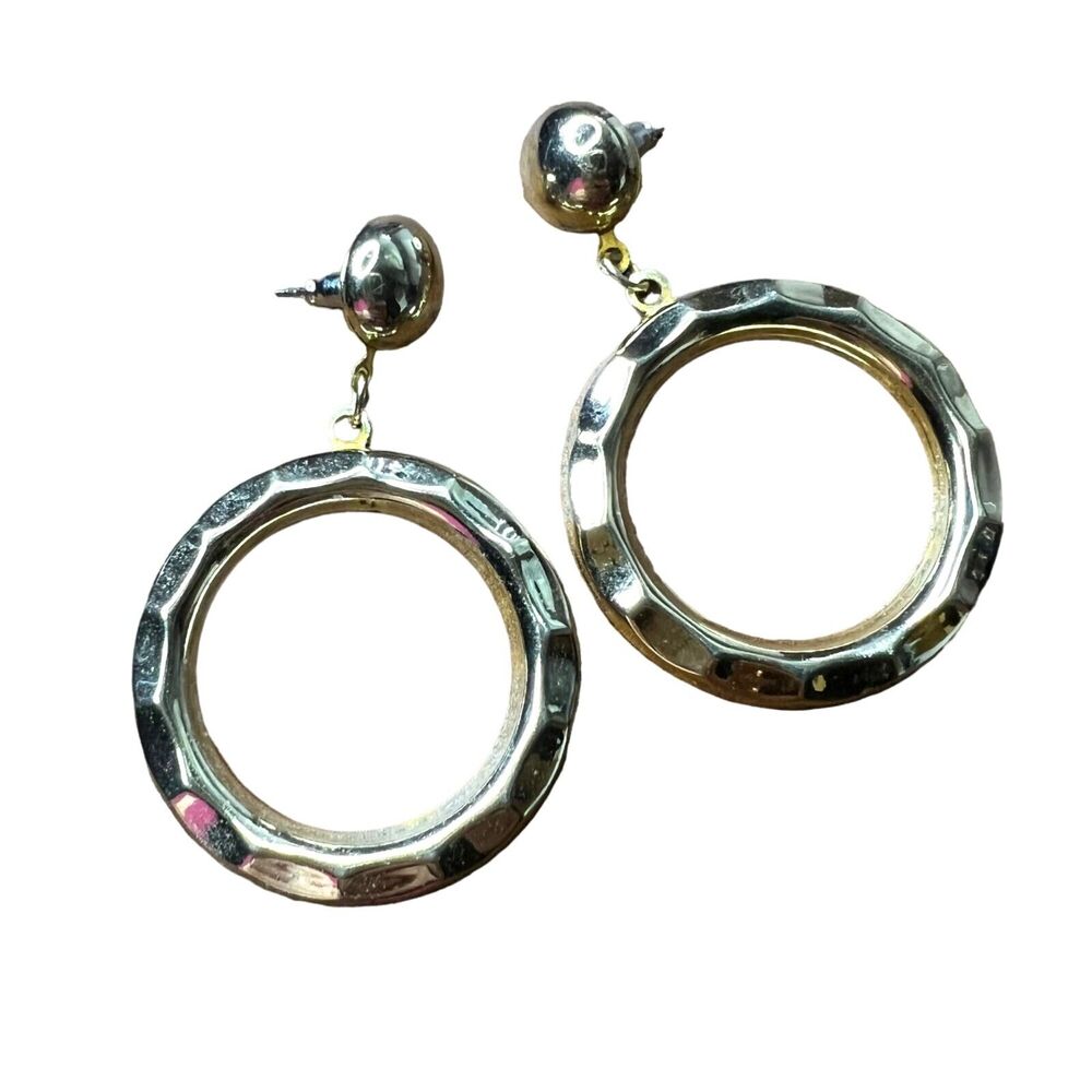 Vintage Womens Circle Hoop Stud Dangle Earrings Gold Tone Metal 70s 80s